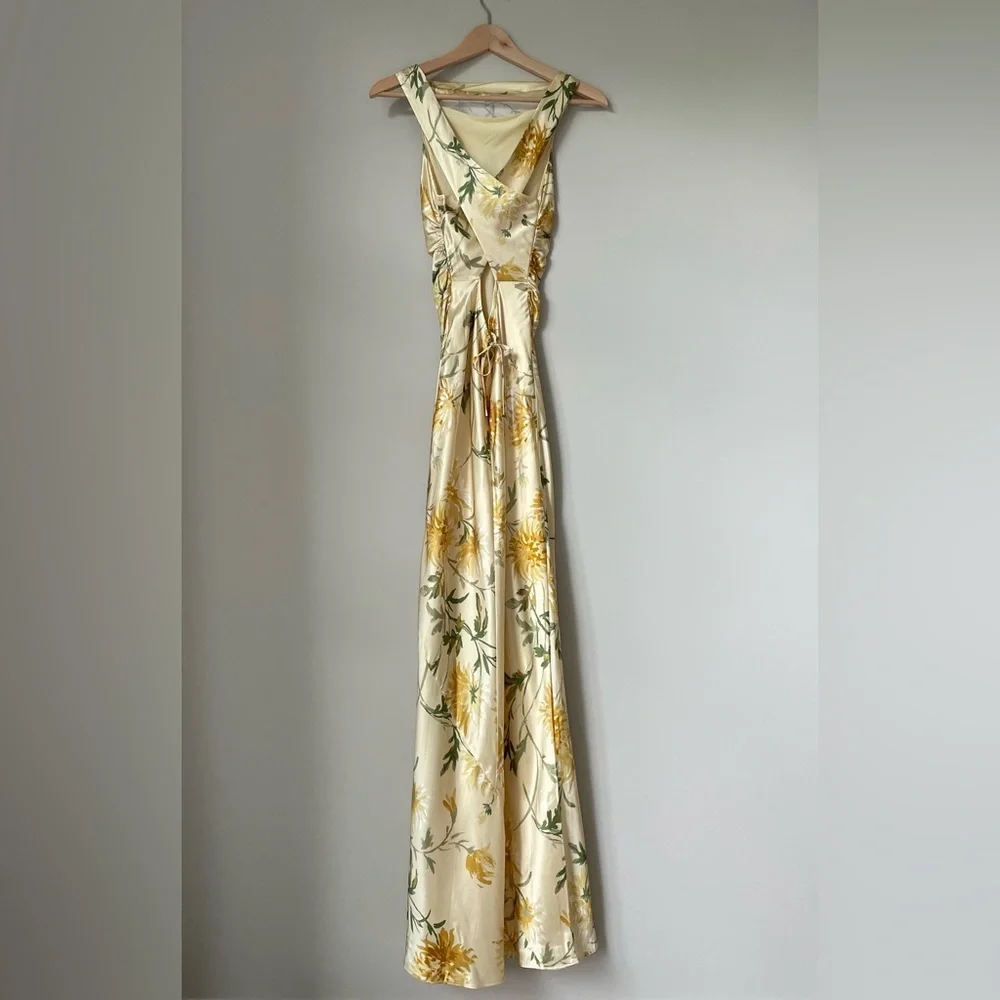 NEW Reformation Anaiis Long Backless Silk Dress Honeyglow Yellow Floral | US 2 - Picture 11 of 15